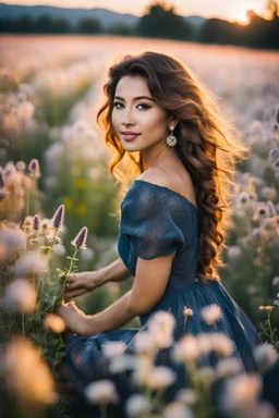 Young woman in flower field in the evening