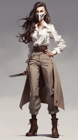 Full body character design, athletic female with wide cuffed and high waisted pants, white blouse, ceramic mask, long hair, trench cleaver in holster attached to belt, thick heeled shoes