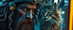 high class realism, dented skin, victorian era, cyber punk, A really close up portrait of one viking individually mutated with hairy wigs glowing, and a long haired cat that just came out of a violent twister with its long hair twisted, background blur, high speed train, book cover, terrorists
