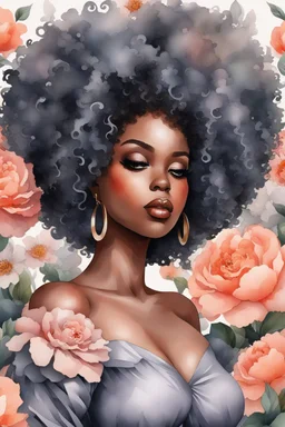 Create an watercolor image of a curvy black female wearing a grey off the shoulder blouse and she is looking down with Prominent makeup. Highly detailed tightly curly black afro. Background of large peach and grey flowers surrounding her