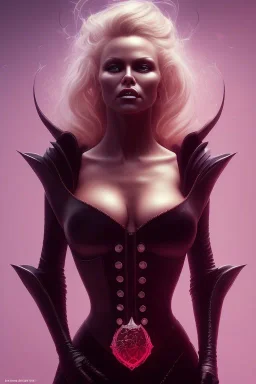 Pamela Anderson as evil queen in black leather, leather, busty, cleavage, angry, stern look. character design by cory loftis, fenghua zhong, ryohei hase, ismail inceoglu and ruan jia. unreal engine 5, artistic lighting, highly detailed, photorealistic, fantasy