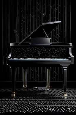 black piano with zig-zag musical notes against a dark background