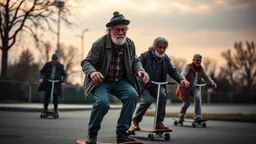 Elderly pensioners on skateboards. Photographic quality and detail, award-winning image, beautiful composition.