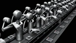 Surreal, monochromatic artwork featuring a series of mechanical, humanoid figures engaged in repetitive tasks. The layout consists of multiple rows of identical machines, each with a cylindrical body and a human-like arm extending from it. The arms are manipulating small objects with precision, suggesting a factory or assembly line setting. The figures have smooth, metallic surfaces and are devoid of facial features, emphasizing their robotic nature. The background is dark, enhancing the contras