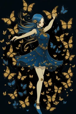 Girl with blue hair in black and gold dress dancing with butterflies
