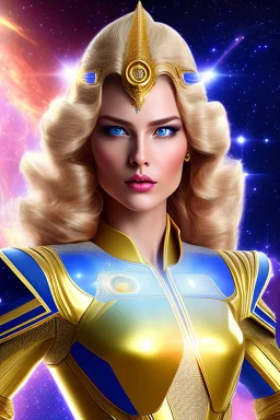 Beautiful tall woman Pleiadian galactic commander, ship, perfect detailed face, detailed golden galactic suit, high rank, long blond hair, hand with five perfect detailed fingers, amazing big blue eyes, smiling mouth, high definition lips, cosmic happiness, bright colours, blue, pink, gold, jewels, realistic, real photo, bright and sunny background, very detailed, high contrast, high definition 8k, pixel 512X512, unreal engine 5, extremely sharp details, light effect, br