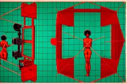 Reflective surface, dark green to cyan body color. Girls with slim body and big butts. Behind. Old-fashioned cameras integrated to heads of the aliens. Noetherian Cyber-punk. Surrealistic, no eyes. Red&blue 3D-tiling. Escher tiling, paranoid atmosphere. Soviet propaganda. Partly symmetrical in relation man. Perfect golden ratio in vertical and horizontal directions. Deep blue geometrical hexagon in 11th dimension. Tessellation in 6-dimensional space. Perspective derived Cohen structure theorem