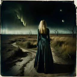 Photorealistic polaroid nothingness and distressing anguish old wooden landscape wasteland night Hieronymus Bosch, shot on Hasselblad, movie shot, details of the dress accentuated, nightmare, hypermaximalist, obsessive, hypnotic