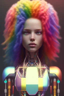 girl, cute, beautiful, long curly hair, rainbow hair, rainbow dress,robotic, close up portrait by Greg Rutkowski