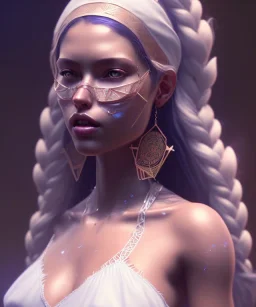 Gipsy, beautiful, curvy body, white fabric dress, beautiful long hair, bandana covering head, long earings, head and shoulders portrait, holding tarot card, 8k resolution concept art portrait by Greg Rutkowski, Unreal Engine 5 volumetric lighting