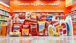 A 3D design of supermarket products such as mineral water, chocolate, packaged cakes, chips, puffs, Nutella, Rani, candy, shampoo, detergent with an orange, red, and white color theme and the text (welcome to toranj plus market) at the top of the photo in a special psychedelic space.