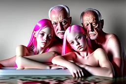 digital art of beautiful young pink hair teenage girls with dad in the bedroom in a bathtub with grandpa hugging bare lips