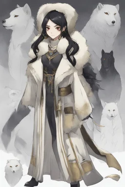 A dnd character sheet. A woman dressed for the cold north in black and white furs, with black hair and gold eyes.