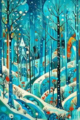 A cyan winter forest designed in German folk art painted by Wassily Kandinsky
