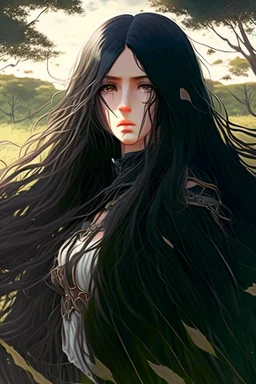 Anime, wavy long black hair girl in medieval clothing in large field in the middle of the forest, HD, extreme detail in the face