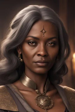 50-year-old sorceress, brown eyes and dark skin, gray hair tied up in a serious bun, dressed in a diplomatic tunic, with a serious look.