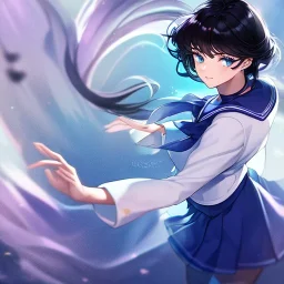 Clear focus, High resolution, girl wearing a purple sailor moon outfit, long fluffy black hair, blue eyes, wearing a sailor uniform skirt including color and length