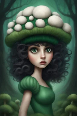 puffball mushroom hat, puffball mushroom fairy, big wavy dark hair, big dark green eyes with the world in her eyes!!, in the style of Salvador Dali
