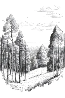 OUTLINE ONLY, PENCIL, FRENCH FOREST, AERIAL SIGHT. HORIZON, BROADLEAF TREES, SUMMER, NO SHADOWS