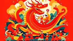 fantasy cartoon style illustration: chinese new year celebration dragon dance