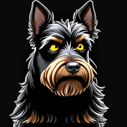 illustration of an angry scruffy black terrier on black background, yellow eyes