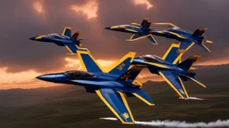 fa-18, blue angels, in formation, color, fantastical, intricate detail, wide angle, sunset, clouds, complementary colors, fantasy concept art, 8k resolution trending on Artstation Unreal Engine 5