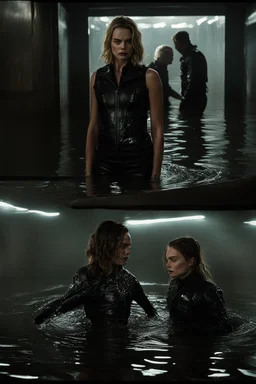 Margot Robbie and Georgia Henshaw in full black leather, trapped in a flooding chamber as water comes up to their necks.