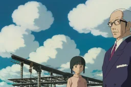 Yui stands with Toshi, an older man with a haunted gaze, revealing a history tied to the ominous AeroCorp. In the backdrop, the AeroCorp's massive, industrial complex ominously towers over the natural landscape.