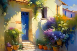 captivating and cinematic impressionist painting by Chen Chun, inspired by Pino Daeni's style, showcases a picturesque village scene. A charming, sunlit house with a potted plant adorned with vibrant, flowering vines sits at the forefront. The sunlight casts stunning shadows and highlights, creating depth and dimension, while the background reveals a serene Mediterranean landscape with elegant and refined elements. This conceptual art masterpiece, created by @challenge2pt, is a 3D render that ex