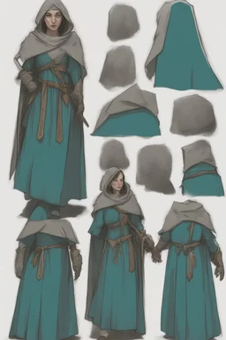 DnD style, medieval woman wearing scale mail and a teal cloak