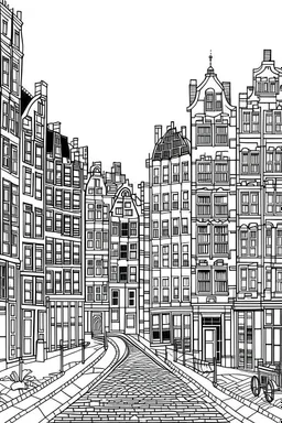 outline art for Amsterdam street for adults with Amsterdam street , white background, Sketch styl, only use outline. clean line art, no shadows and clear and well outlined, Intricate Patterns and Details