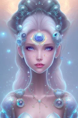 cosmic girl belle fine, grand front cosmique, peau bleu cristalline, yeux bleu, perle sur le front long cheveux etoilé cristaux sur le corps, collier de grande princesse, levres souriante, très jolie sourire