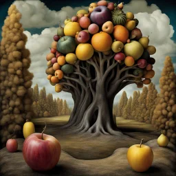 Colorful swirly marble forest, mindbending absurdity of fruits being the mistake of truth, by Joel Peter Witkin, by Andy Kehoe, by Yves Tanguy, surreal color photography, photorealism.