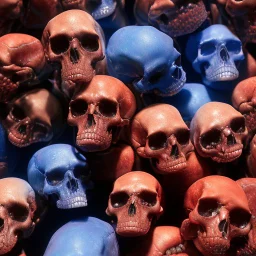 a picture of a dark, comedic, anatomically correct wall of red white and blue tightly packed stacked skulls of varying sizes and expressions, photo realistic, insanely meticulous, highly detailed, part of a collection of bones on display, 64k, dystopian, vray, anatomically correct