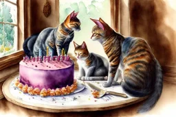 Two cats are having a birthday cake.. Highly detailed, smooth colours, realistic landscape. Aquarell