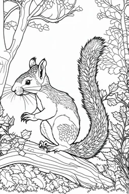 Outline art, no shading, squirrel full body in the garden, cartoon style, black and white, low detail, --ar 9:11