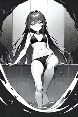 bikini long hair thin girl with leg in abyss pool, greyscale, cool pose, screen tones