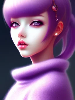 kawaii girl, purple hair, cute, semirealistic, sweater, close up portrait