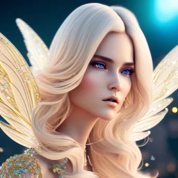 beautiful blonde fairy in a galactic ambiance, detailed gorgeous face, transparent wings, delicate colors, finely tuned detail, ultra high definition, 8 k, unreal engine 5, ultra sharp focus