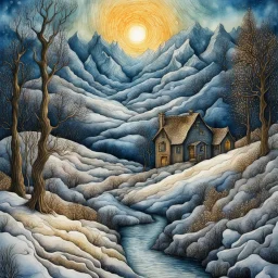 surreal winter landscape,optical illusion, zentangle Modifiers: highly detailed fantasy beautiful award winning fantastic view dramatic pen and ink Tim Burton dreamy Surrealism watercolor and ink wet on wet water colours golden our