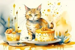 beautiful composition, cat birthday party with cake, watercolor and ink, golden glitters in ochre in sunshine