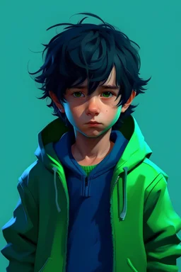 handsome boy, male child, black messy hair, using green jacket, in blue background, humanoid shape, super super realistic