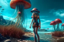 woman in a tight suit, on the shores of an alien world, with mushrooms, with jellyfish tentacles floating in the air, photorealistic, Detailed Matte Painting, Deep Colour, Fantastical, Intricate Detail, sunshine, blue sky