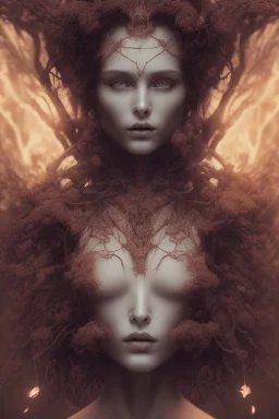 portrait photography of an ethereal beautiful animal goddess, Fire theme art, Dark moody night atmosphere, Portrait of a woman by Michelangelo, 8K, close-up face, anatomically perfect face, oak tree roots, ignore NSFW