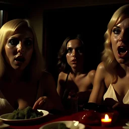 Horror movie shot, spooky, hot, ultra realistic, dine, horns, ultra realistic hot blonde women, party, pieces of meat, organs, ail, dynamic, very excited people, hypermaximalist figures, light, 1970's Italian horror movie, sinister,, Dario Argento, Stanley Kubrik, ornate, 4k, photorealism