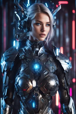 Photography Realistic super model Beautiful European woman as Dj player with body mecha|full armor|organ|mystery|runes|neon|light, imbalances, mutations, anomalies, natural beauty, sound system