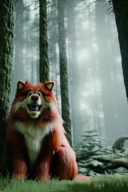 Realistic forest scene. big furry monster sitting next to tree. Wes Anderson style. Red hair, smile, happy, gradient color fog. highly detailed, concept art, unreal engine 5, ray tracing, RTX, lumen lighting, ultra detail, volumetric lighting, 3d, finely drawn, high definition, high resolution.