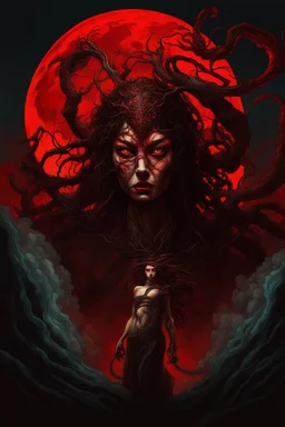 A dramatic digital painting portraying a warrior-girl and horror monster under the Red Moon, veins pulsing, claws of temptation visible, soul in turmoil. In the style of Salvador Dali and Van Gogh and Giger, vivid colors, swirling brushstrokes, highly detailed, 8k resolution, surrealistic., juicy emotions, painting, gloomy fantasy, gloomy day, dark world, portrait, oil and graphite, wide strokes, a weaving frame around, by Ryohei Hase, Agnes Cecile, Raymond Swanland, Anne Bachelier