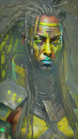A woman has tanned skin, yellow eyes and black dreads. Her face show her superiority in the eyes of others. She is dressed in a steel armor with a few pieces of yellow and green fabric sticking out.
