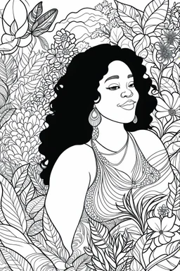 Design a set of delightful coloring pages celebrating the beauty and diversity of black curvy women surrounded by a lush floral background. These coloring pages should encourage creativity and self-expression.